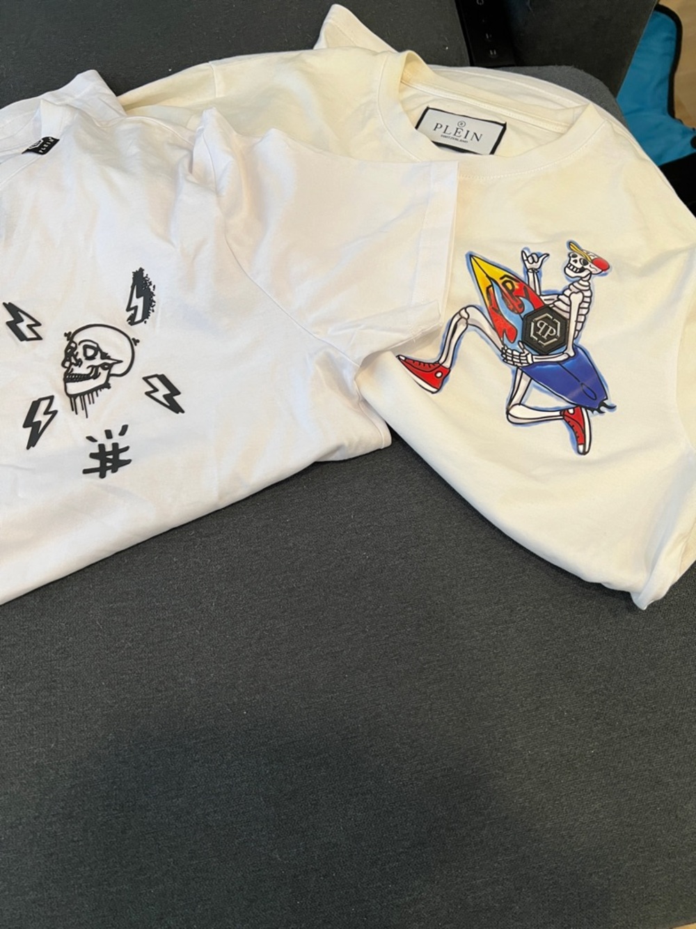 Philipp Plein White Short Sleeve Tee with Colorful Skeleton Surf Graphic